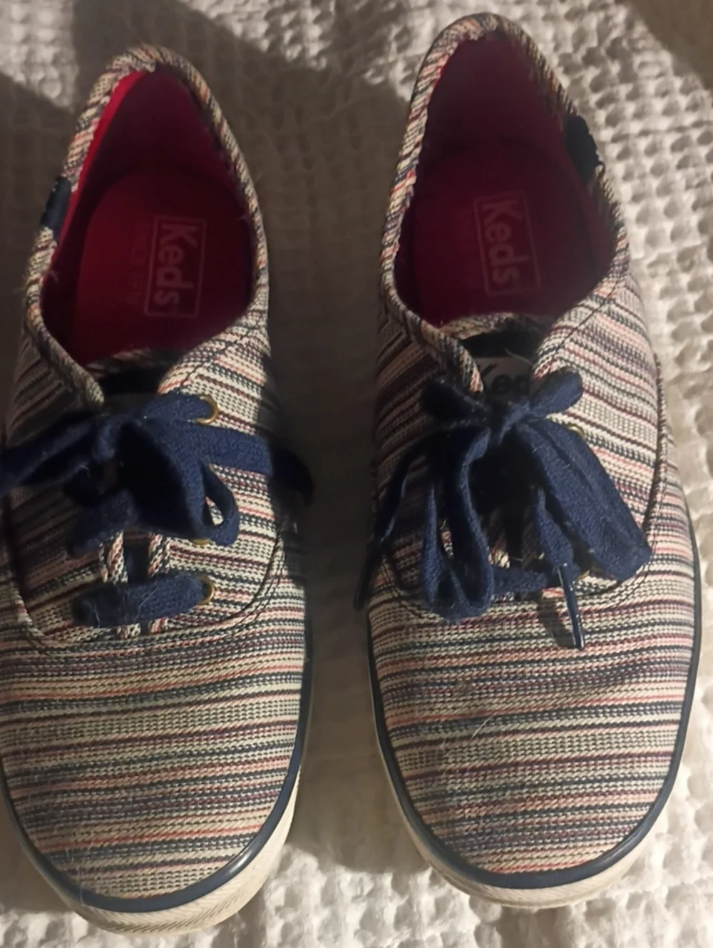 Keds  Women's Navy Stripe Canvas Sneakers with Red Insole